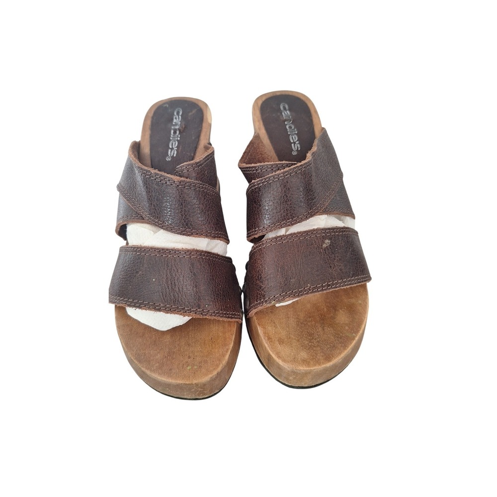 Candie's Brown Leather Wooden Platform Clog Studded Slide Sandals 6M 73981